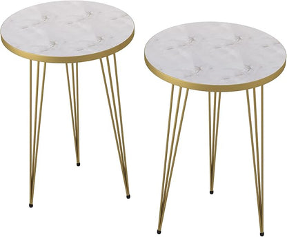 PAK HOME - Set of 2 End Table - High Gloss White Marble Look with Gold Metal Legs Round Wood Sofa Side Coffee Tables for Small Spaces, Nightstand Bedside Table for Bedroom, Living Room