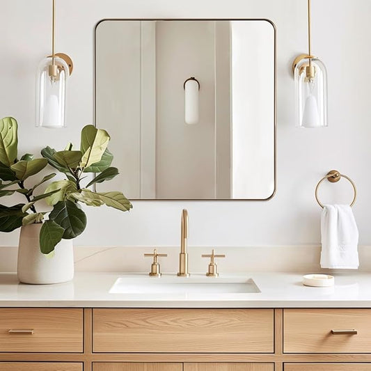 ANDY STAR Square Wall Mirror for Bathroom, 24”x24” Brushed Gold Bathroom Mirror, Rounded Corner Metal Mirror in Premium Stainless Steel Frame Hangs Horizontal Or Vertical（No Rose Gold）