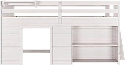 Max & Lily Modern Farmhouse Twin Low Loft Bed with Bookcase - Solid Wood, 15” Guardrails, 400-lb Capacity, Low-VOC Finish, White Wash