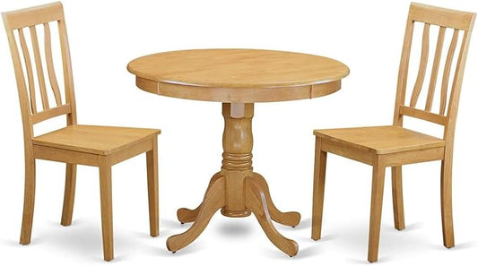 East West Furniture ANTI3-OAK-W 3 Piece Dining Set Contains a Round Kitchen Table with Pedestal and 2 Dining Room Chairs, 36x36 Inch, Oak