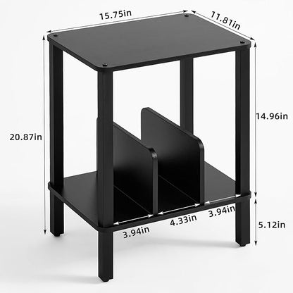 LELELINKY 2-Tier Record Player Stand with Vinyl Record Storage up to 100 Albums, Bedroom Record Holder and Multi-Functional End Table for Living Room, Black