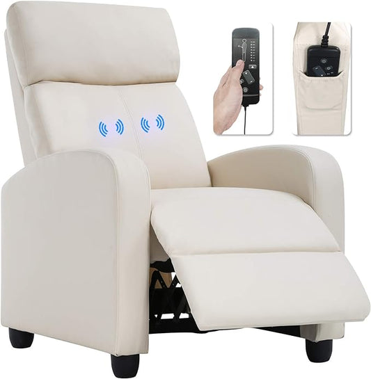 BestMassage | Recliner Chair | with 2 Point Massage Function | Pu Beige | with Lumbar Support, Adjustable Push Back, Footrest & Padded Seat | Easy Assembly | for Living Room, Home Theatre
