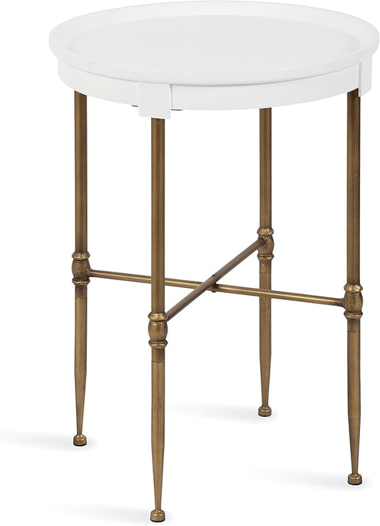Kate and Laurel Valdi Modern Round Side Table; 19 x 26; White and Antique Gold; Glam Circle End Table with Geometric Metal Base and Raised Edge Tabletop