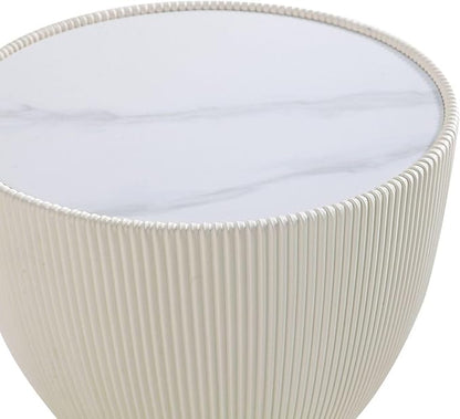 Manhattan Comfort Anderson Modern 18" Round End Table 2.0 | Ceramic Marble Tabletop, Elegant Pleated Leatherette Design & Gold Stainless Steel Base, Fully Assembled Accent Furniture, Set of 1, Cream
