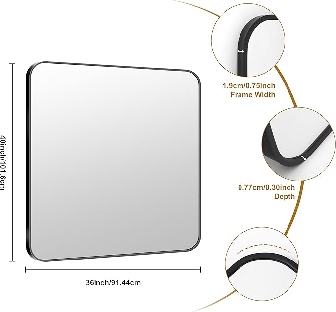 KOCUUY Black Rectangle Mirror, 36"x40" Vanity Mirror for Over Sink, Large Metal Framed Mirror with Rounded Corner for Bathroom Living Room Bedroom Dining Room, Hang Horizontal/Vertical