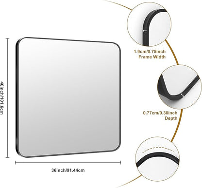 KOCUUY Black Rectangle Mirror, 36"x40" Vanity Mirror for Over Sink, Large Metal Framed Mirror with Rounded Corner for Bathroom Living Room Bedroom Dining Room, Hang Horizontal/Vertical