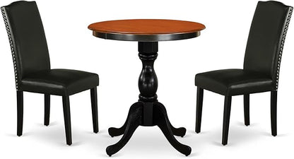 East West Furniture ESEN3-BCH-69 3 Piece Kitchen Table & Chairs Set Contains a Round Dining Room Table with Pedestal and 2 Black Faux Leather Parson Dining Chairs, 30x30 Inch, Black & Cherry