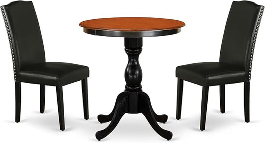 East West Furniture ESEN3-BCH-69 3 Piece Kitchen Table & Chairs Set Contains a Round Dining Room Table with Pedestal and 2 Black Faux Leather Parson Dining Chairs, 30x30 Inch, Black & Cherry