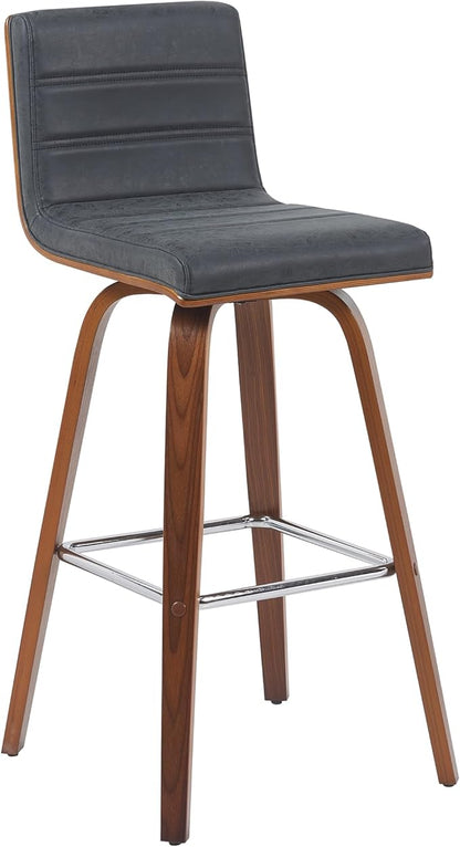 Armen Living Vienna Modern Swivel 30" Bar Height Barstool with Vintage Black Faux Leather and Walnut Wood Finish