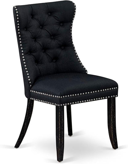 NKDA9-SBB-24-9-pc Dining Room Set Consists of a Rectangular Table and 8 Black Polyester Fabric Dining Chairs with Button Tufted Chair Back - Sand Blasting Black Finish.