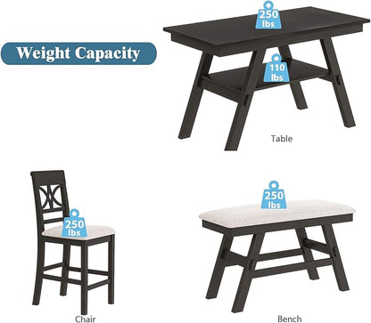 Merax 6 Piece Counter Height Dining Table Set with Storage Shelf, Beige Cushion, Bench and 4 Chairs, Espresso
