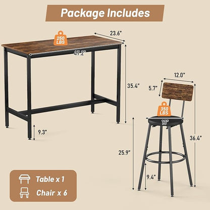 Dining Table Set for 6, 7-Piece Bar Table Set, Kitchen Table and Chairs, Counter Height High Top Table with 6 PU Upholstered Stools, Space-Saving Pub Tables Set for Small Space, Brown