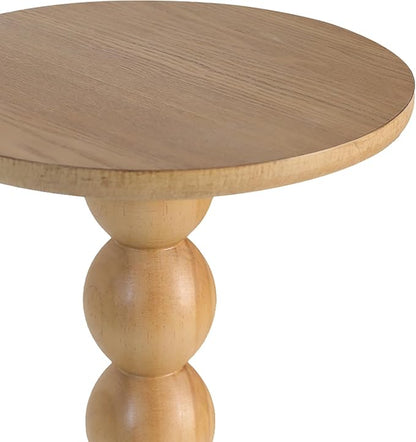Round Wooden Side Table with Stacked Ball Pedestal Base, Accent Nightstand for Living Room, Bedroom, Corners (Natural)