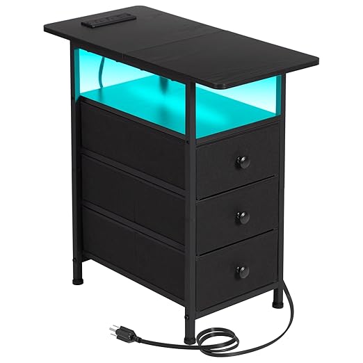 AMHANCIBLE Narrow End Table Living Room with Charging Station, Slim LED Nightstand with Fabric Drawers, Skinny Side Table for Bedroom, Small Spaces, Couch, Black, HETN013LBK-1