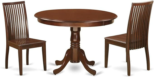 East West Furniture HLIP3-MAH-W 3 Piece Modern Dining Table Set Contains a Round Wooden Table with Pedestal and 2 Dining Chairs, 42x42 Inch, Mahogany
