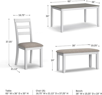 Signature Design by Ashley Stonehollow Modern Farmhouse Dining Table with Upholstered Chairs and Bench, Set of 6, White & Gray