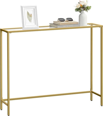 VASAGLE Entryway Table, Console Table, Tempered Glass Tabletop, Modern Sofa Table, Easy Assembly, with Adjustable Feet, for Living Room, Entryway, Pale Gold and Transparent ULGT132A01