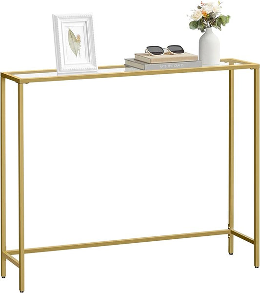 VASAGLE Entryway Table, Console Table, Tempered Glass Tabletop, Modern Sofa Table, Easy Assembly, with Adjustable Feet, for Living Room, Entryway, Pale Gold and Transparent ULGT132A01