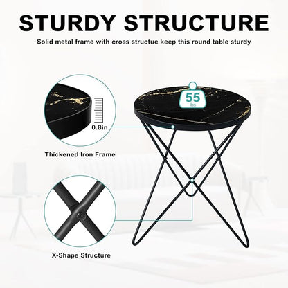 HLR Modern Round Side Table, End Table with Marble Effect Top and Gold Metal Frame, Small Side Table for Living Room, Bedroom, Sofa and Couch, Black Legs, Black Marble top