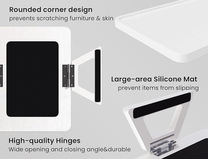 2 Pack Couch Arm Tray,Bamboo Folding Sofa Tray,Sofa Armrest Trays Clip-On Couch Desk for Drinks,Snacks,Phone,Remote Control（White）