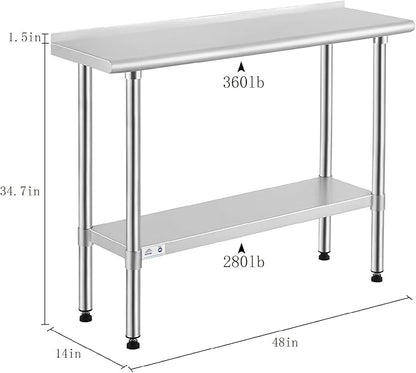 ROCKPOINT Stainless Steel Table for Prep & Work with Backsplash 14x48 Inches, NSF Metal Commercial Kitchen Heavy Duty Table with Adjustable Under Shelf and Table Foot for Restaurant, Home and Hotel