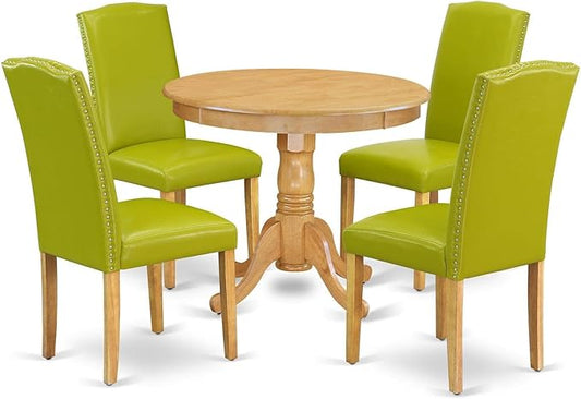 East West Furniture ANEN5-OAK-51 5 Piece Dinette Set Includes a Round Dining Table with Pedestal and 4 Autumn Green Faux Leather Upholstered Parson Chairs, 36x36 Inch, Oak