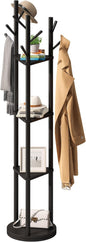 FILWH Bamboo Coat Rack Rotary Freestanding with Shelf Coat Tree Stand for Hallway Entryway with 9 Hooks and 3 Storage Shelves (Black)