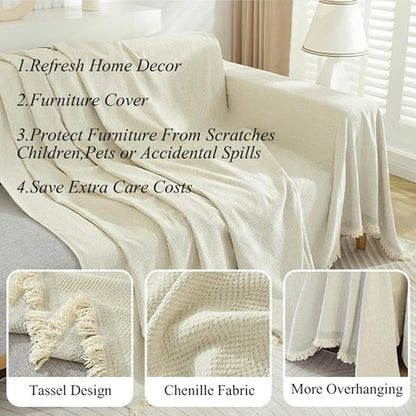 STACYPIK Modern Beige Couch Covers for Dogs Cats Thick Chenille Ivory White Sofa Cover Sofa Slipcover Furniture Protector for 3 Cushion Couch with Tassel Non-Silp Futon Cover Sofa Protector-71X150IN