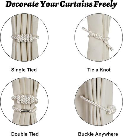 BEL AVENIR Magnetic Curtain Tiebacks, Decorative Drapery Holdbacks Modern Woven Tie-Backs with Exquisite Knot (Beige, 6 Pack)