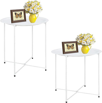 Garden 4 you End Table Metal Side Table Round Folding Tray Cyan Sofa Small Accent Fold-able Table, Round End Table Tray, Next to Sofa Table, Snack Table for Living Room and Bed Room,White