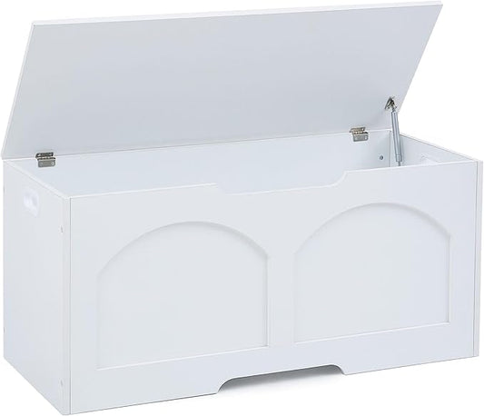 39.4" Storage Chest, Wooden Storage Bench, Storage Trunk, Chest with Lift Top, Large Box Entryway Bench, Supports 330 lb U-Shaped Opening for Entryway, Hallway, Living Room, Ivory White
