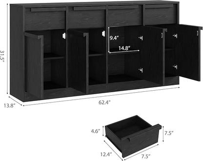 GarveeHome Sideboard Buffet Cabinet with 4 Drawers, 62.4" Large Coffee Cabinet with Storage, Modern Storage Buffet Table for Kitchen Dining Room, Living Room (Black, 4 Doors & 4 Drawers)