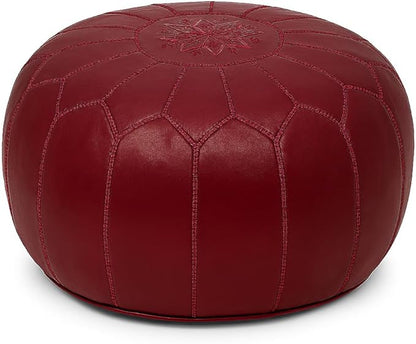 Stuffed Round Design Moroccan Leather Pouf Ottoman, Handmade, Pre-Filled, 100% Genuine Leather, 13” Height x 20” Diameter, Footstool & Living Room Décor (Garnet)