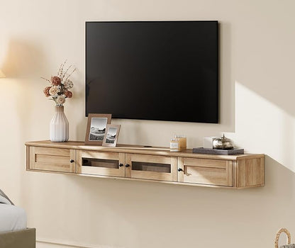 WAMPAT Floating TV Stand for TVs up to 80 Inch, Wooden Floating TV Shelf with Storage Cabinet, Modern Floating TV Shelf Entertainment Center for Living Room, Oak