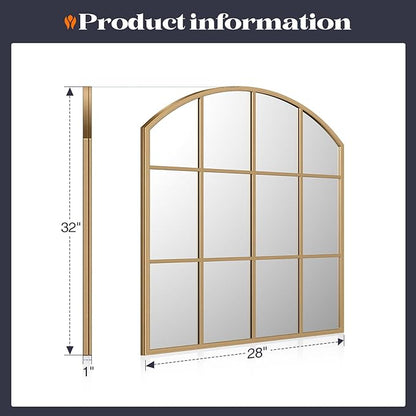 Wide Window Pane Mirror, 28" x 32" Gold Arched Mirrors for Wall, Brass Grid Wall Large Decorative Mirror for Living Room Bedroom Farmhouse Fireplace Hallway Entryway