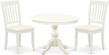 East West Furniture HBDA3-LWH-C 3 Piece Dining Room Table Set Contains a Round Kitchen Table with Pedestal and 2 Linen Fabric Upholstered Dining Chairs, 42x42 Inch, Linen White