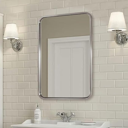 ANDY STAR 28x36 INCH Brushed Nickel Mirror, Rounded Rectangle Brushed Silver Metal Framed Mirrors for Bathroom Anti-Rust SUS304, Tube Metal Frame, 1’’ Deep Wall Mounted Vertically/Horizontal