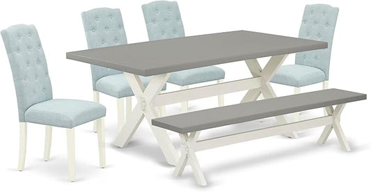 East West Furniture X097CE215-6 6 Piece Dining Room Table Set Contains a Rectangle Kitchen Table with X-Legs and 4 Baby Blue Linen Fabric Parson Chairs with a Bench, 40x72 Inch, Multi-Color