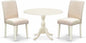 East West Furniture DMAB3-LWH-02 3 Piece Dining Table Set Contains a Round Dining Room Table with Dropleaf and 2 Light Beige Linen Fabric Upholstered Chairs, 42x42 Inch, Linen White