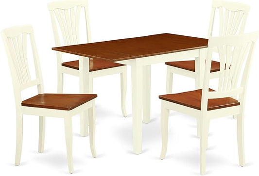 East West Furniture NDAV5-WHI-W 5 Piece Kitchen Table & Chairs Set Includes a Rectangle Dining Room Table with Dropleaf and 4 Solid Wood Seat Chairs, 30x48 Inch, Buttermilk & Cherry
