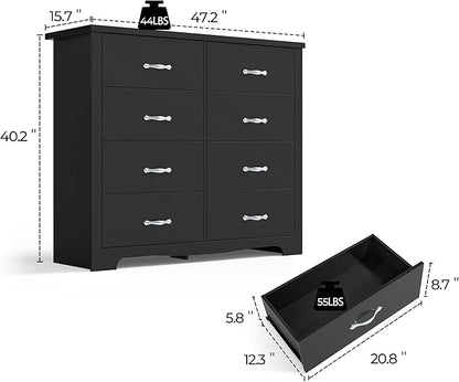LINSY HOME 8 Drawers Dresser for Bedroom, 47" Wide Rustic Wood Dressers & Chests of Drawers, 40" Tall Modern Storage Dresser with Antique Handles for Closet, Living Room, Hallway, Black