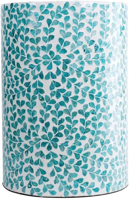 PEMAR Mother of Pearl Inlaid Cylinder Drum End Table Nacre Capiz Shell Side Table Stool Round Coffee Bedside Accent Nightstand and Vanity Stool (Teal Floral)