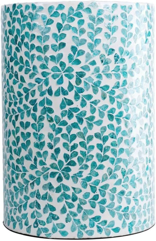 PEMAR Mother of Pearl Inlaid Cylinder Drum End Table Nacre Capiz Shell Side Table Stool Round Coffee Bedside Accent Nightstand and Vanity Stool (Teal Floral)