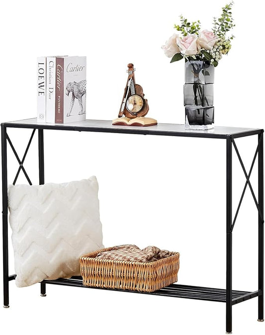 Wimarsbon Console Table,Multifunctional Sofa Side Table with Shelves,Behind Couch TV Tables with Metal Frame,Accent Display Stand for Hallway,Entrance (41.9" 2-Layer White Faux Marble + Black Frame)