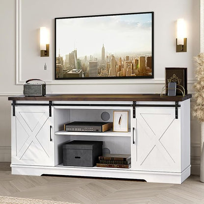 IDEALHOUSE Farmhouse Tv Stand for 65 inch TVs, Entertainment Center with Sliding Barn Doors and Adjustable Shelf, Modern Storage Media TV Console TV Stand Table for Living Room, Bedroom, White & Brwon