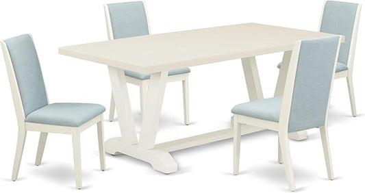 East West Furniture V027LA015-5 5 Piece Dining Room Table Set Includes a Rectangle Kitchen Table with V-Legs and 4 Baby Blue Linen Fabric Parson Dining Chairs, 40x72 Inch, Multi-Color