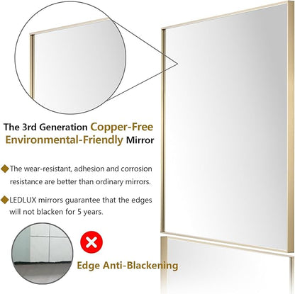 30x40 Inch Gold Bathroom Mirror - Copper-Free Mirror, Aluminum Alloy Frame Vanity Rectangle Wall Mounted Modern Mirror for Bedroom/Living Room/Porch Horizontal or Vertical