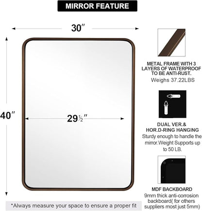 ANDY STAR Bronze Bathroom Mirror 30X40, Large Brushed Bronze Mirror for Wall, Rounded Rectangle Mirror Oil Rubbed Bronze, Bronze Vanity Mirrors in Metal Frame Hangs Horizontal Or Vertical