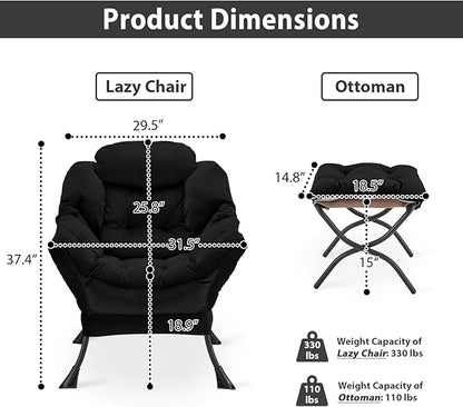 Lazy Chair with Folding Ottoman, Accent Chair Velvet Upholstered with Metal Structure and Non-Slip Pads, Sofa Armchair with Footrest and Side Storage Bag for Dorm, Room, Office, Black