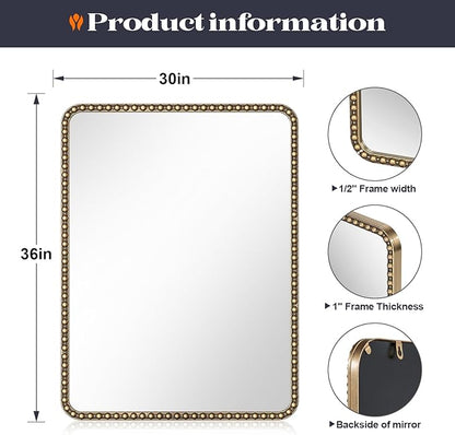 30"x36" Antique Brass Mirror with Beaded Frame for Bathroom, Champagne Bronze Mirrors for Bathroom, Antique Brass Metal Frame Wall Mirrors, Gold Beaded Mirror for Vanity Ornate Bedroom